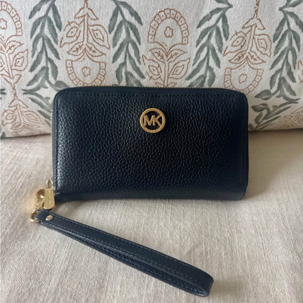 Michael Kors Black Leather Wristlet with Gold Accents